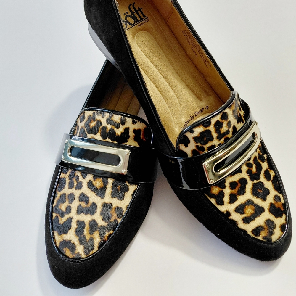 Sofft Black Suede Leopard Print Loafers with Gold Accent